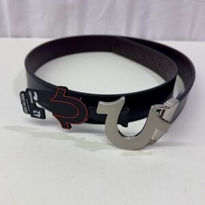 True Religion Black Patent Leather Belt with Silver Horseshoe Buckle